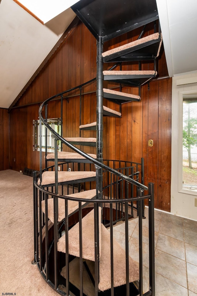 3821 Brookhaven Dr, Vineland, NJ 08361 - stairway featuring wood walls and vaulted ceiling