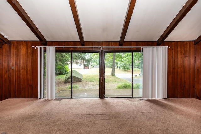 3821 Brookhaven Dr, Vineland, NJ 08361 - unfurnished living room featuring beam ceiling, carpet floors, and wooden walls