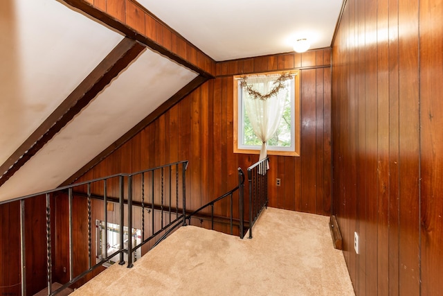 3821 Brookhaven Dr, Vineland, NJ 08361 - stairway with wood walls, carpet flooring, and lofted ceiling