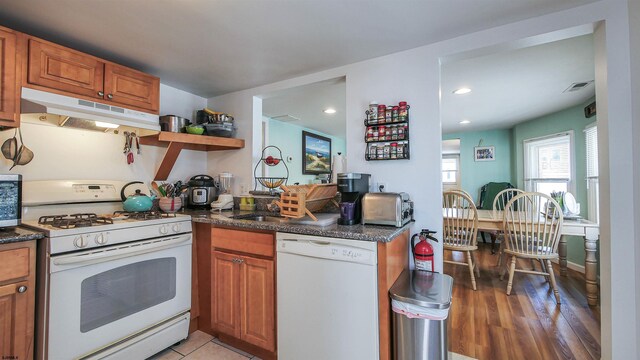 25 W 14th St Unit 1, Ocean City, NJ 08226 - kitchen featuring white appliances, under cabinet range hood, brown cabinets, open shelves, and recessed lighting