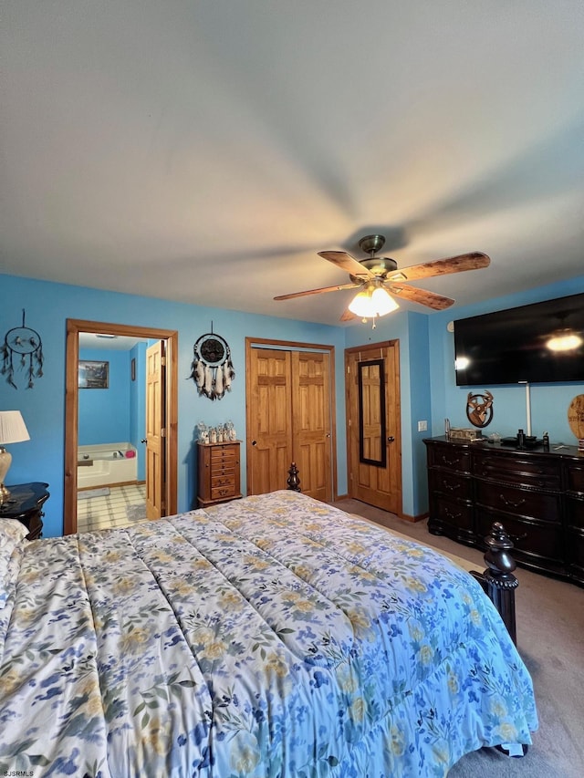 5323 S Carolina Ave, Mullica Township, NJ 08215 - bedroom featuring a ceiling fan, carpet floors, and ensuite bathroom