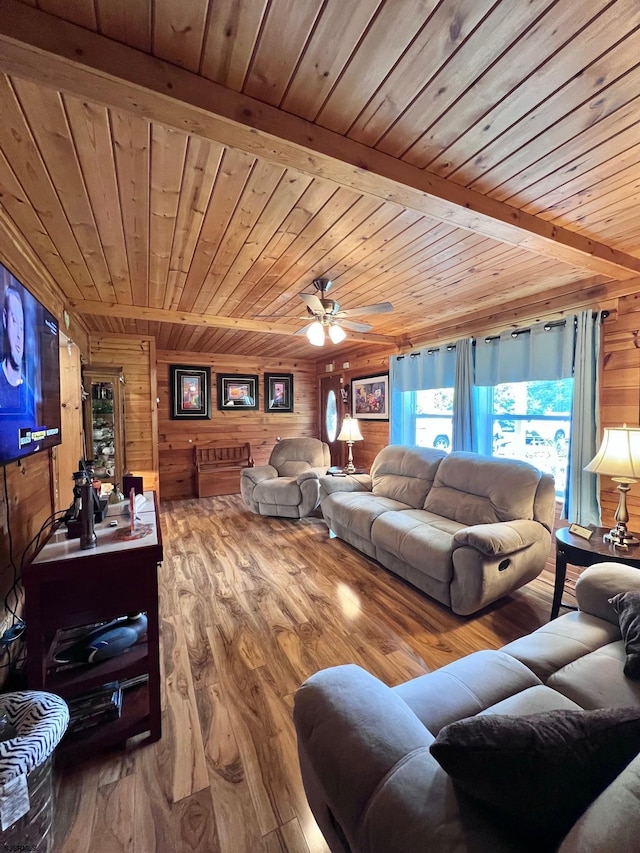 5323 S Carolina Ave, Mullica Township, NJ 08215 - living room with hardwood / wood-style floors, a wooden ceiling with exposed beams, wooden walls, and a ceiling fan