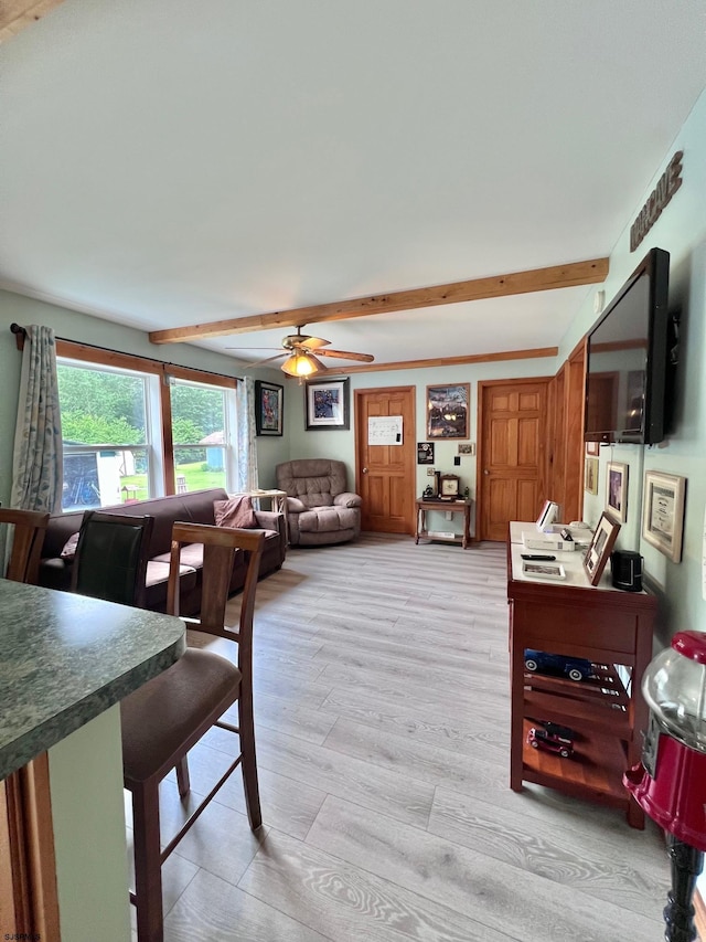 5323 S Carolina Ave, Mullica Township, NJ 08215 - living area with beamed ceiling, ceiling fan, and light wood finished floors
