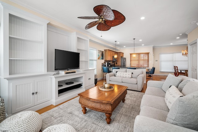 33 N Jefferson Ave, Margate, NJ 08402 - living room with ornamental molding, a ceiling fan, light wood finished floors, recessed lighting, and built in features
