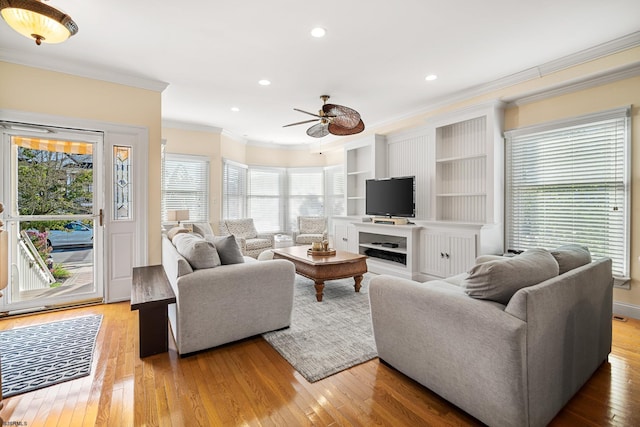 33 N Jefferson Ave, Margate, NJ 08402 - living room with crown molding, ceiling fan, wood-type flooring, recessed lighting, and plenty of natural light