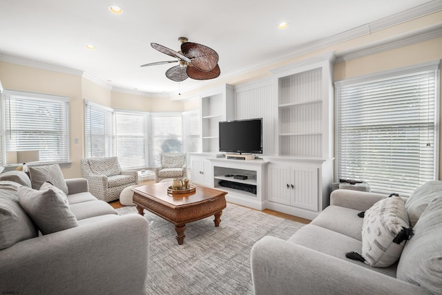 33 N Jefferson Ave, Margate, NJ 08402 - living area featuring a ceiling fan, crown molding, recessed lighting, and light wood finished floors