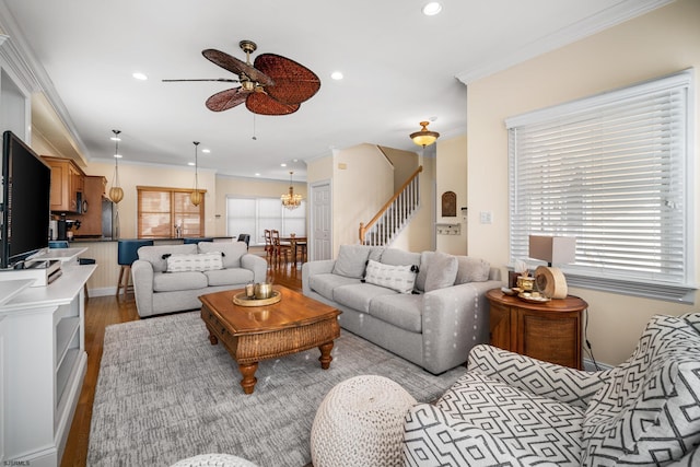 33 N Jefferson Ave, Margate, NJ 08402 - living room with ceiling fan, stairway, wood finished floors, ornamental molding, and recessed lighting