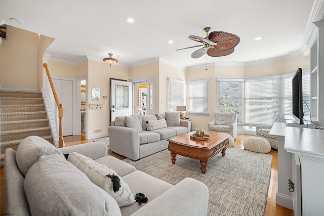 33 N Jefferson Ave, Margate, NJ 08402 - living area with ceiling fan, light wood-type flooring, stairs, recessed lighting, and ornamental molding