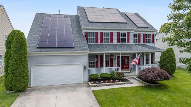 95 Knights Bridge Way, Mays Landing, NJ 08402 - view of front facade featuring covered porch, roof with shingles, roof mounted solar panels, and concrete driveway