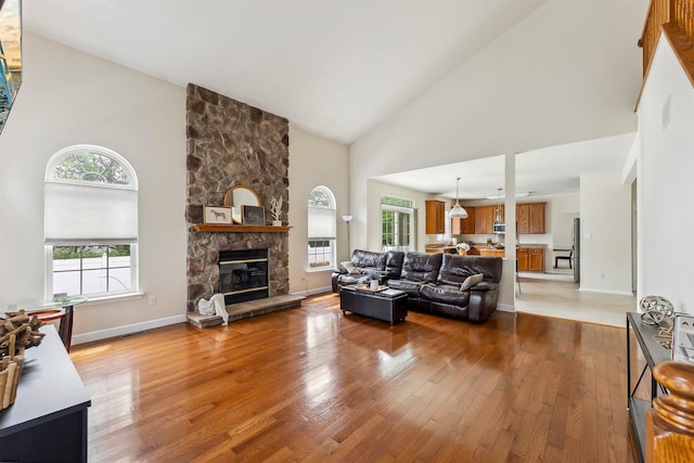 95 Knights Bridge Way, Mays Landing, NJ 08402 - living room with high vaulted ceiling, light wood-style floors, and a fireplace