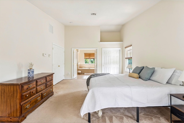 95 Knights Bridge Way, Mays Landing, NJ 08402 - bedroom featuring light carpet, a towering ceiling, and connected bathroom