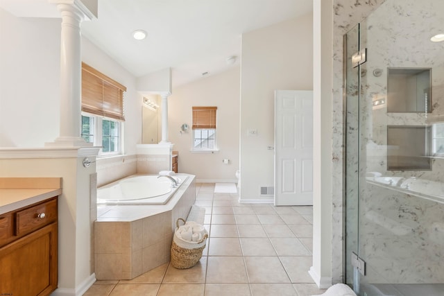 95 Knights Bridge Way, Mays Landing, NJ 08402 - bathroom with decorative columns, a bath, lofted ceiling, tile patterned flooring, and vanity