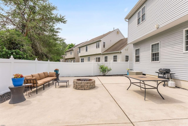 95 Knights Bridge Way, Mays Landing, NJ 08402 - fenced backyard with a patio area, grilling area, and an outdoor living space with a fire pit