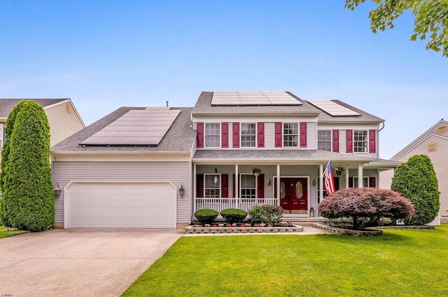 95 Knights Bridge Way, Mays Landing, NJ 08402 - view of front of house with a porch, solar panels, driveway, and a garage