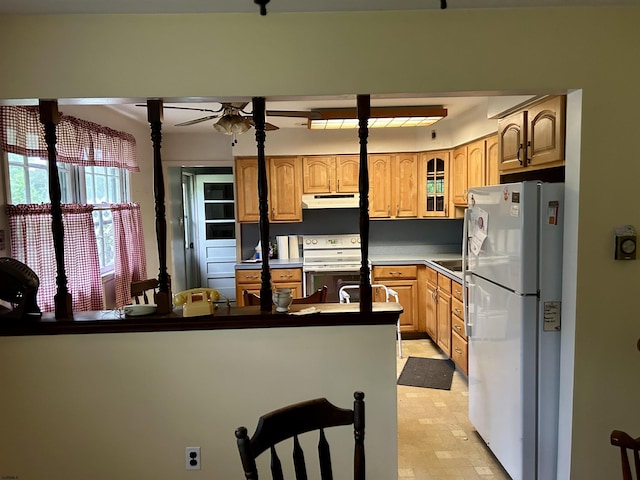 733 W Duerer St, Galloway Township, NJ 08215 - kitchen featuring white appliances, under cabinet range hood, a ceiling fan, and glass insert cabinets