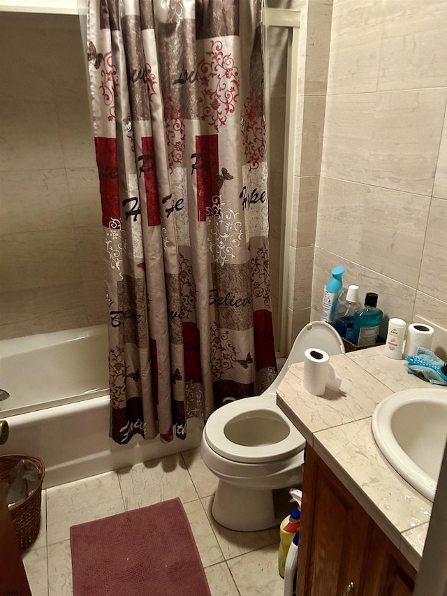 733 W Duerer St, Galloway Township, NJ 08215 - bathroom with shower / bath combination with curtain, tile walls, vanity, and tile patterned flooring