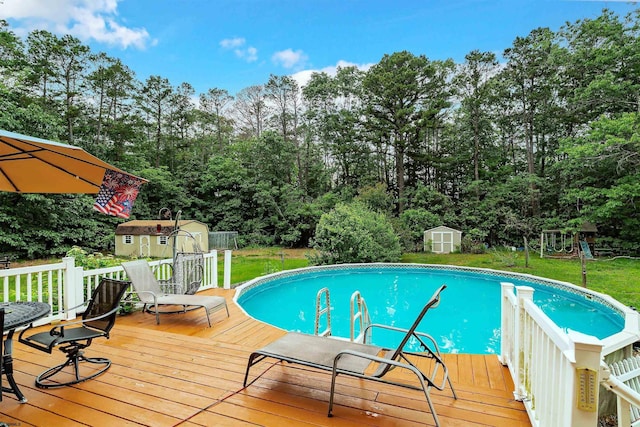 10 Hillside Ave, New Gretna, NJ 08087 - outdoor pool with a shed, a deck, and a lawn