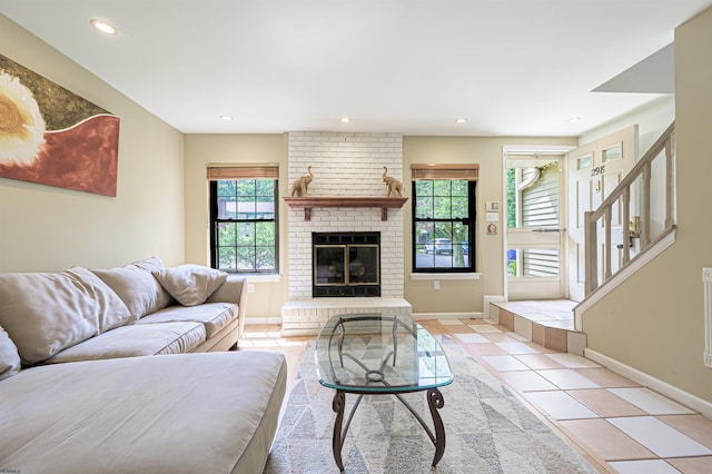 298 Mattix Run Unit 298, Galloway Township, NJ 08205 - living area featuring light tile patterned floors, stairway, recessed lighting, and a fireplace