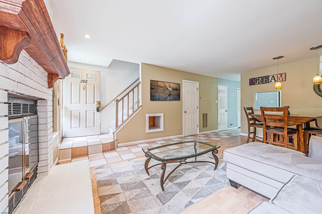 298 Mattix Run Unit 298, Galloway Township, NJ 08205 - living room featuring stairway, a fireplace, and recessed lighting