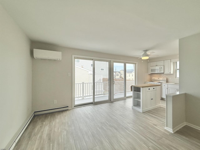 3400 W Brigantine Ave Unit 3, Brigantine, NJ 08203 - unfurnished living room with an AC wall unit, light wood-type flooring, a ceiling fan, and a baseboard heating unit