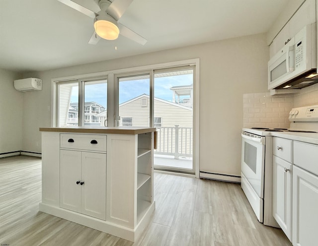 3400 W Brigantine Ave Unit 3, Brigantine, NJ 08203 - kitchen with white appliances, light wood-style flooring, tasteful backsplash, a ceiling fan, and a baseboard radiator