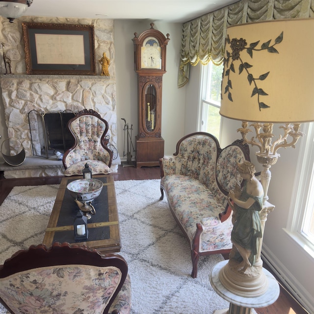 2453 Lahn Ln, Mays Landing, NJ 08330 - living room featuring plenty of natural light, wood finished floors, and a stone fireplace