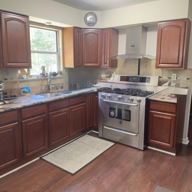 2453 Lahn Ln, Mays Landing, NJ 08330 - kitchen featuring high end stainless steel range, range hood, tasteful backsplash, and dark wood-style floors
