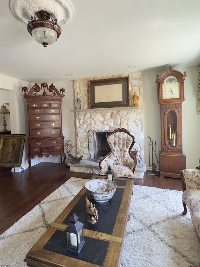 2453 Lahn Ln, Mays Landing, NJ 08330 - living area with wood finished floors and a stone fireplace