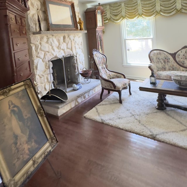 2453 Lahn Ln, Mays Landing, NJ 08330 - living room with dark wood-style floors and a stone fireplace