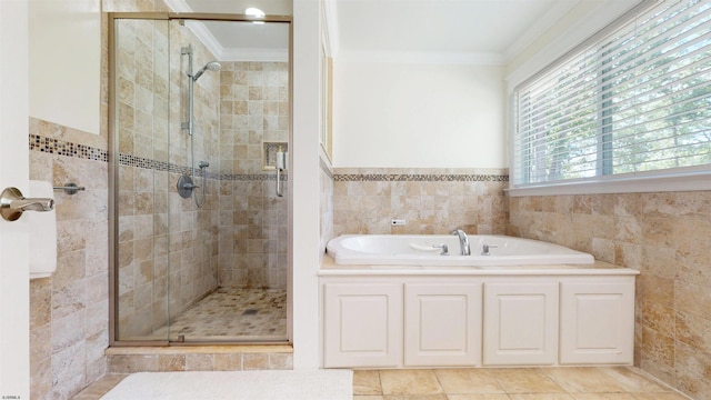104 Locust Ave, Egg Harbor Township, NJ 08234 - bathroom with ornamental molding, a shower stall, and a garden tub