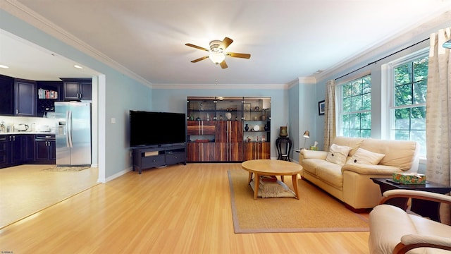 104 Locust Ave, Egg Harbor Township, NJ 08234 - living area with light wood-type flooring, a ceiling fan, ornamental molding, and bar