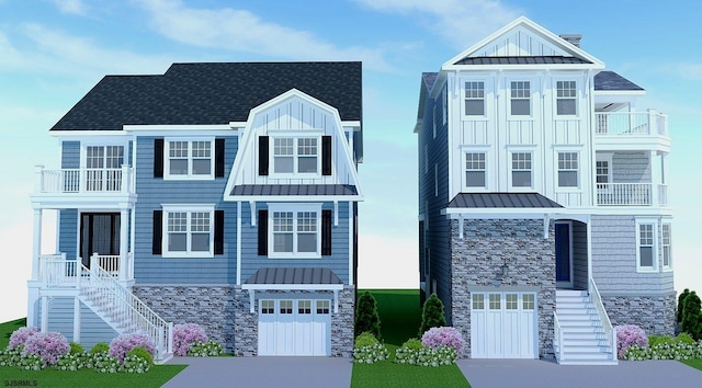 303 Lafayette Blvd, Brigantine, NJ 08203 - view of front of property featuring a standing seam roof, stairway, stone siding, and concrete driveway