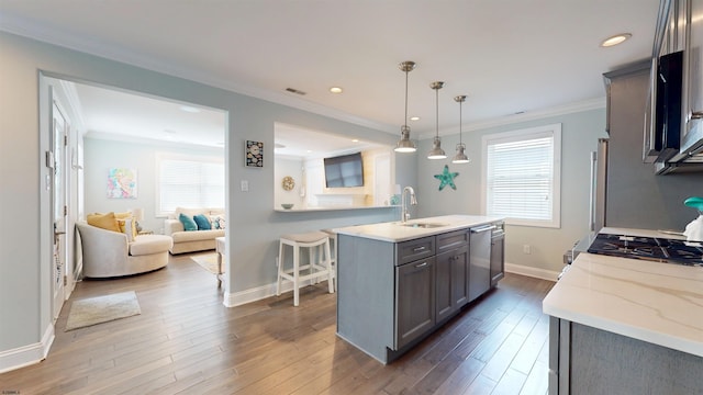 713 W Brigantine Ave, Brigantine, NJ 08203 - kitchen with crown molding, recessed lighting, dark wood-style flooring, dishwasher, and hanging light fixtures