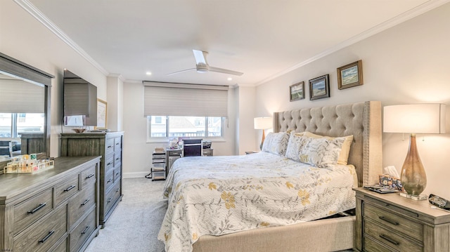 5000 Boardwalk Unit 107, Ventnor, NJ 08406 - bedroom with light colored carpet, ornamental molding, recessed lighting, and a ceiling fan