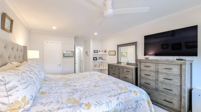 5000 Boardwalk Unit 107, Ventnor, NJ 08406 - bedroom featuring ornamental molding, recessed lighting, and a ceiling fan