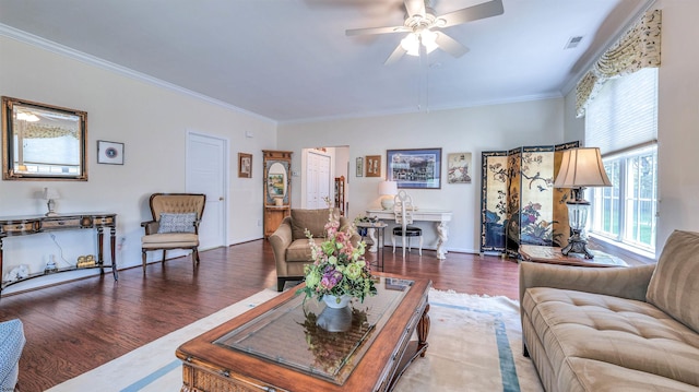 34 Gasko Rd, Mays Landing, NJ 08330 - living area featuring a ceiling fan, wood finished floors, and crown molding