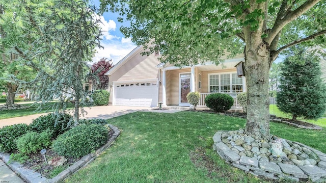 34 Gasko Rd, Mays Landing, NJ 08330 - obstructed view of property with covered porch, driveway, a garage, and a front lawn