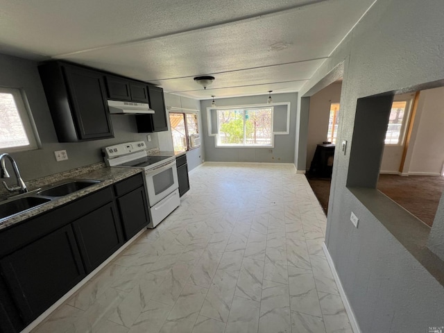 kitchen with white electric range, sink, stone counters, and light tile floors