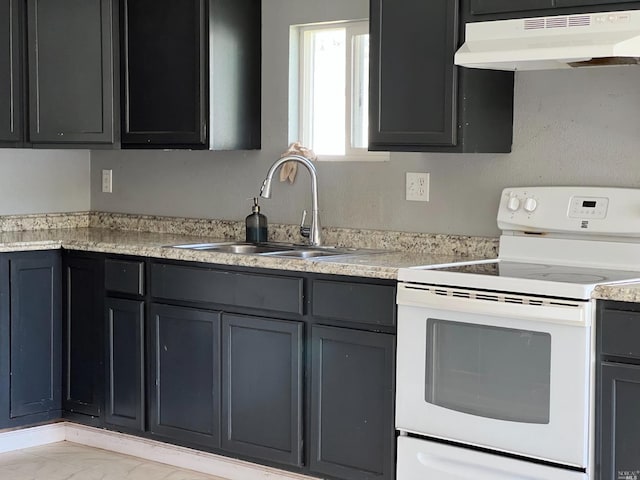 kitchen with custom range hood, white electric range oven, and sink