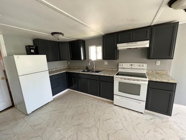 kitchen with white appliances, a textured ceiling, sink, and light tile floors