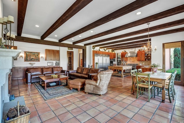 living room with light tile floors, a notable chandelier, and beam ceiling