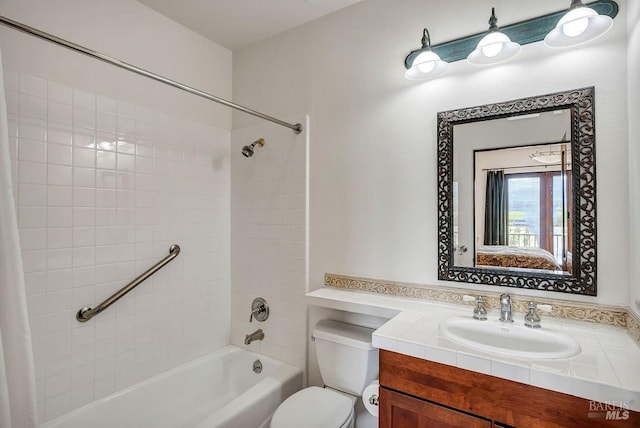 full bathroom with toilet, vanity, and shower / bathtub combination with curtain