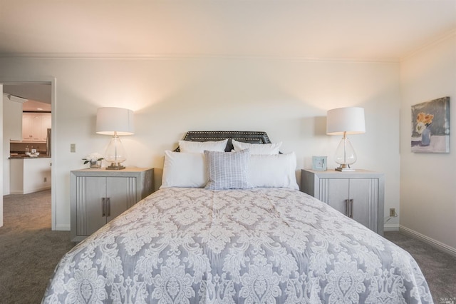 carpeted bedroom featuring ornamental molding