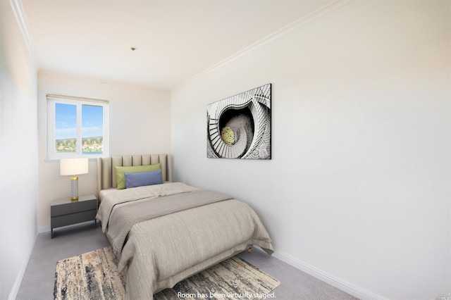 bedroom featuring dark carpet and ornamental molding