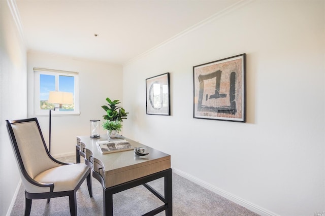 carpeted home office with ornamental molding