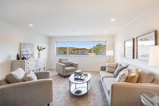 carpeted living room with crown molding