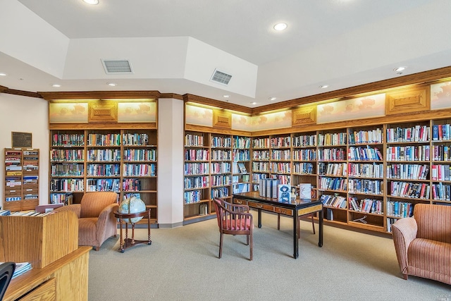 interior space featuring light colored carpet