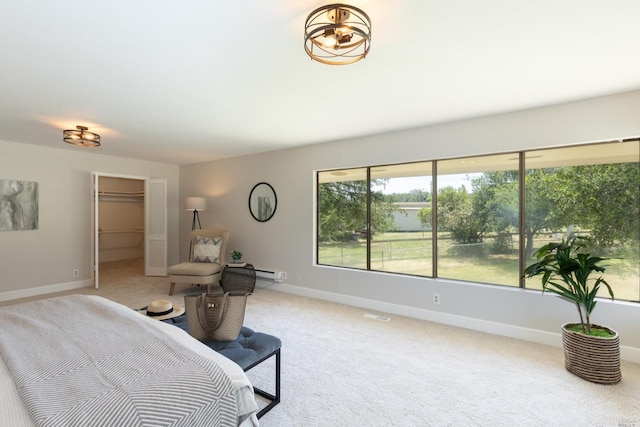 bedroom featuring a spacious closet, light colored carpet, and a closet