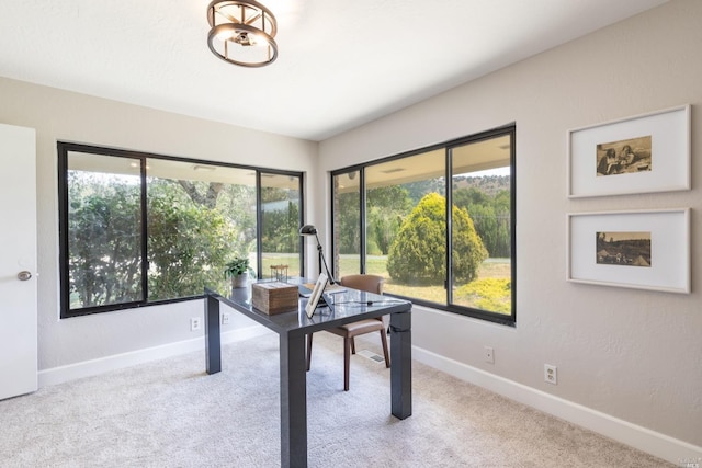 office area featuring light colored carpet