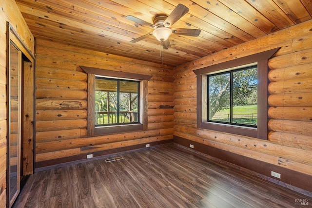 unfurnished room with a ceiling fan, log walls, wood ceiling, and dark wood-style flooring